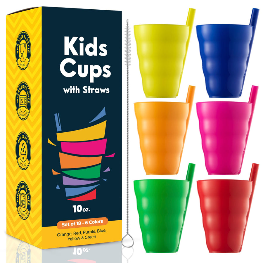 Kids Straw Cups for Kids - (Set of 18) 10oz Tumbler w/ Built-In Straws for Everyday Use, Stackable BPA-Free Plastic Sip-A-Cup Drink Tumblers for Water, Juice, Milk, Dishwasher Safe, Neon Colors