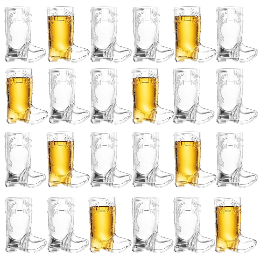 JoyServe 24 Mini Boot Shot Glasses, 1 oz Reusable and Disposable Clear Plastic Shot Cups, for Cowboy Cowgirl Themed Parties, Decorations, and Cowboy Bachelorette Party Favors