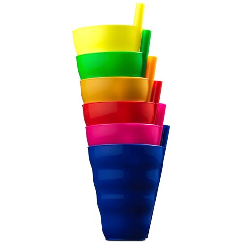 Kids Straw Cups for Kids - 10oz Tumbler w/Built-In Straws for Everyday Use, Stackable BPA-Free Plastic Sip-A-Cup Drink Tumblers for Water, Juice, Milk, Dishwasher Safe, Neon Colors