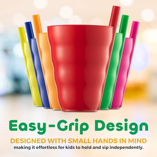 Kids Straw Cups for Kids - 10oz Tumbler w/Built-In Straws for Everyday Use, Stackable BPA-Free Plastic Sip-A-Cup Drink Tumblers for Water, Juice, Milk, Dishwasher Safe, Neon Colors