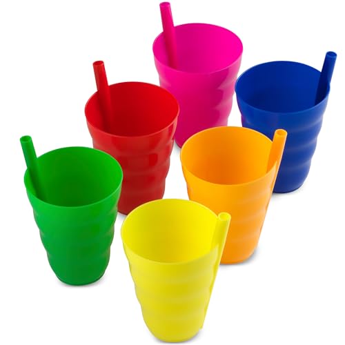 Kids Straw Cups for Kids - 10oz Tumbler w/Built-In Straws for Everyday Use, Stackable BPA-Free Plastic Sip-A-Cup Drink Tumblers for Water, Juice, Milk, Dishwasher Safe, Neon Colors