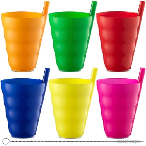 Kids Straw Cups for Kids - 10oz Tumbler w/Built-In Straws for Everyday Use, Stackable BPA-Free Plastic Sip-A-Cup Drink Tumblers for Water, Juice, Milk, Dishwasher Safe, Neon Colors