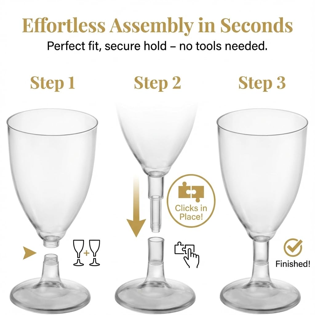 JoyServe 24 Plastic Wine Glasses Disposable - 7 Oz Clear BPA-Free Plastic Glasses with Stem, Reusable Party Wine Cups for Outdoor Parties, Weddings, Toasts, Drinks, Catering (Bulk Pack of 24)