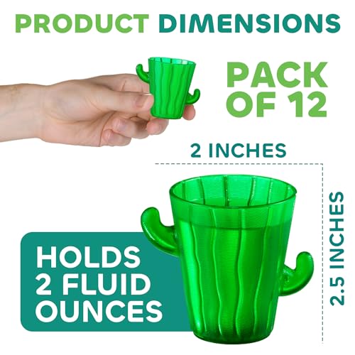 Cactus Plastic Shot Glasses - 2-Oz Shot Glasses Funny Cute Novelty Set for Bachelorette, Western, Cinco de Mayo, Tequila, Fiesta Themed Party Supplies, BPA-Free, Dishwasher-Safe, Green