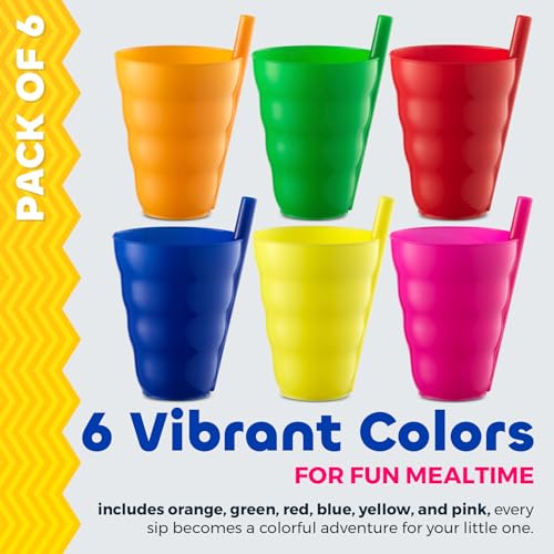 Kids Straw Cups for Kids - 10oz Tumbler w/Built-In Straws for Everyday Use, Stackable BPA-Free Plastic Sip-A-Cup Drink Tumblers for Water, Juice, Milk, Dishwasher Safe, Neon Colors