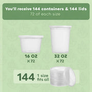 144 Sets Plastic Food Storage Deli Containers w/ Lids 16oz Pint, 32oz Quart