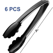 Plastic Tongs for Serving (Pack of 6) 9 Inch - Heavy-Duty Hard Plastic Reusable or Disposable Serving Tongs for Catering, Dinner Parties, Banquets, Buffets, Events, Weddings and Everyday Use, Black