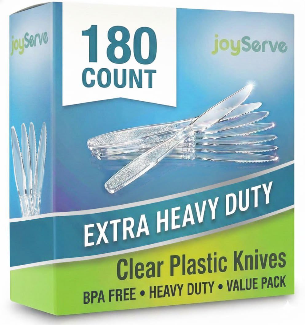 JoyServe Clear Plastic Knives Heavy Duty, Heat Resistant Party Utensils BPA-Free Heavy Duty Plastic Knives Disposable Silverware Cutlery, Catering Dinner Party Supplies - Bulk Knife Pack 180