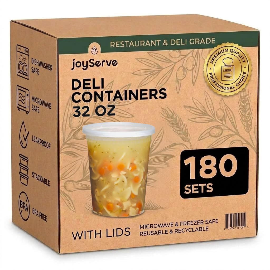 JoyServe 32 oz Deli Containers with Lids – 180 Pack Bulk Soup Containers with Lids – 32 Ounce Food Storage Containers for Restaurant, Deli, Catering & Meal Prep