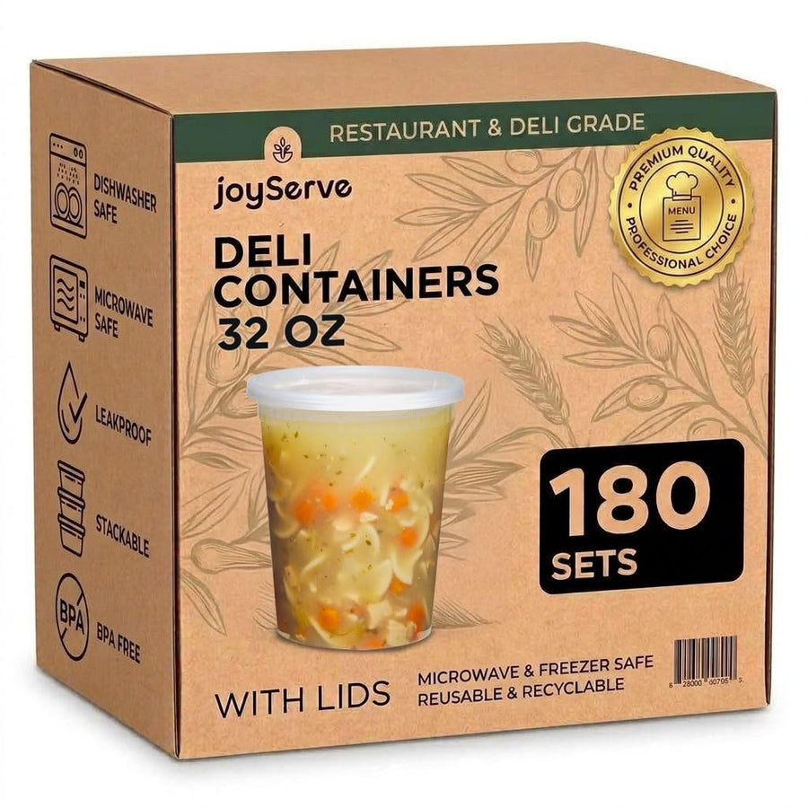 JoyServe 32 oz Deli Containers with Lids – 180 Pack Bulk Soup Containers with Lids – 32 Ounce Food Storage Containers for Restaurant, Deli, Catering & Meal Prep