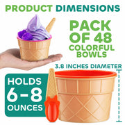 JoyServe Ice Cream Bowls and Spoons Set - (Pack of 48) Reusable Plastic Ice Cream Cups and Waffle Cone Shaped Spoons for Dessert, Frozen Yogurt, Gelato, Birthday Party Decorations