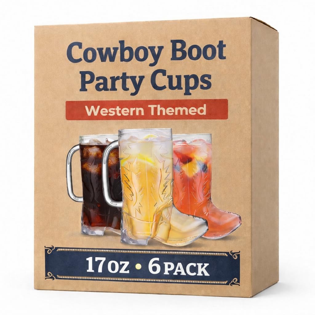 JoyServe Cowboy Boot Cups - (Pack of 6) 17oz Cowboy and Cowgirl Drink Mugs, Reusable BPA-Free Plastic Mug with Handle for Western Themed Rodeo Birthday Party Decorations and Supplies