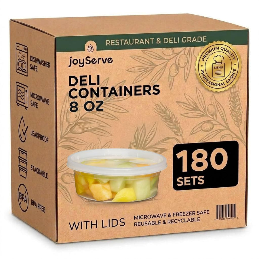 JoyServe Deli Food Containers with Lids - 8 oz 180 Sets- Ideal for Food, Snacks, Takeout, Meal Prep - 1 Cup Small Durable Clear Containers for Food - Stackable and Durable, Dishwasher & Microwave Safe