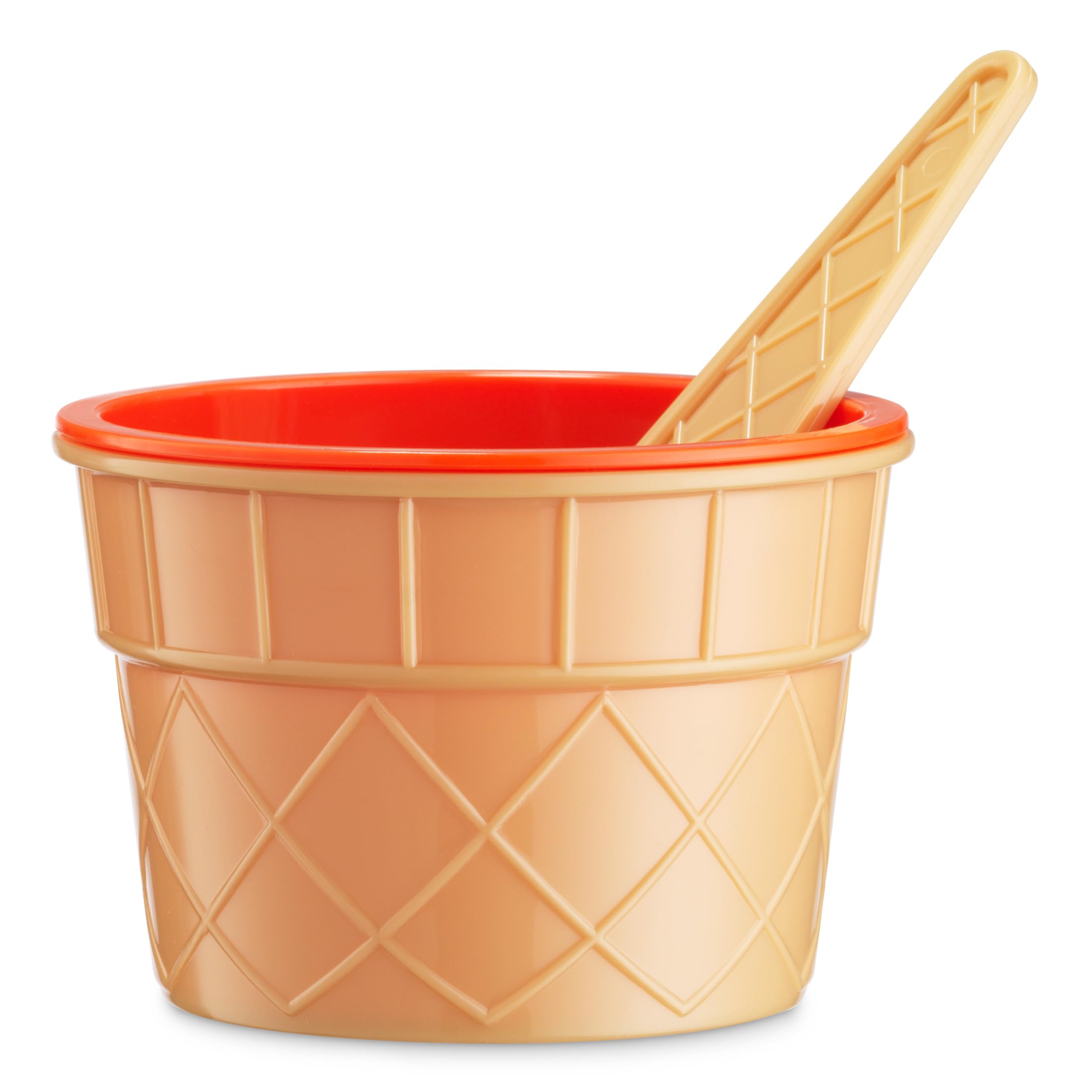 JoyServe Ice Cream Bowls and Spoons Set - (Pack of 12) Reusable Plastic Ice Cream Cups and Waffle Cone Shaped Spoons for Dessert, Frozen Yogurt, Gelato, Birthday Party Decorations