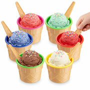 JoyServe Ice Cream Bowls and Spoons Set - (Pack of 48) Reusable Plastic Ice Cream Cups and Waffle Cone Shaped Spoons for Dessert, Frozen Yogurt, Gelato, Birthday Party Decorations