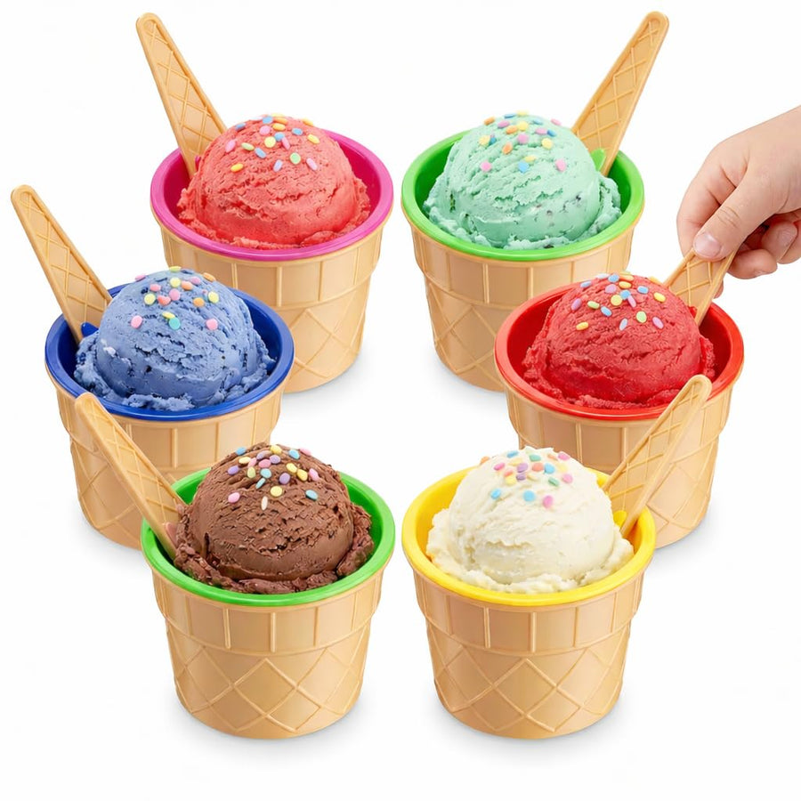 JoyServe Ice Cream Bowls and Spoons Set - (Pack of 12) Reusable Plastic Ice Cream Cups and Waffle Cone Shaped Spoons for Dessert, Frozen Yogurt, Gelato, Birthday Party Decorations