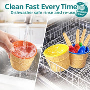 JoyServe Ice Cream Bowls and Spoons Set - (Pack of 48) Reusable Plastic Ice Cream Cups and Waffle Cone Shaped Spoons for Dessert, Frozen Yogurt, Gelato, Birthday Party Decorations