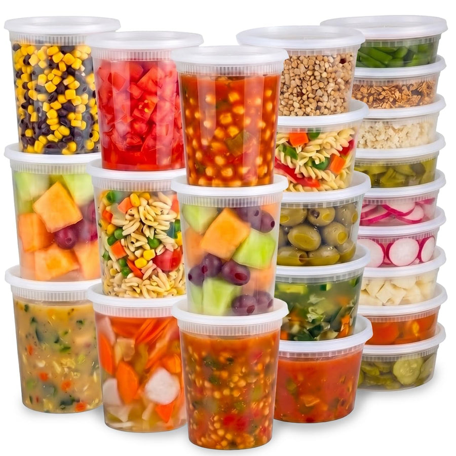 JoyServe 24 Sets Deli Containers with Lids – 8oz, 16oz & 32oz – Leak Proof, Microwaveable, Dishwasher & Freezer Safe – Plastic Food Storage & Soup Containers