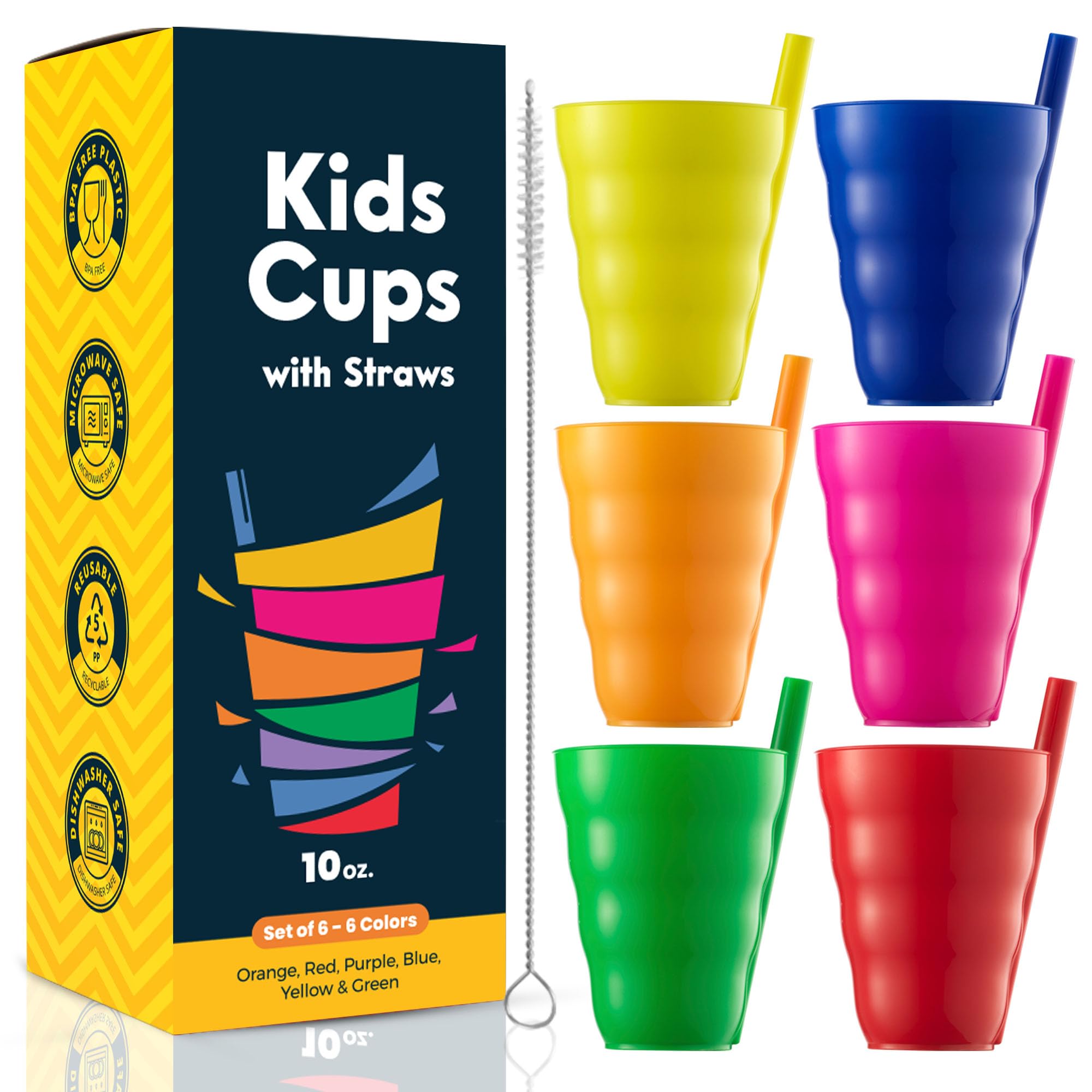JoyServe Kids Cups - (Set of 6) - 10oz Toddler Cups with Straws for Kids - Stackable BPA-Free Plastic Sip-A-Cup Drink Tumblers for Water, Juice, Milk - Dishwasher Safe, Everyday Use, Neon Colors