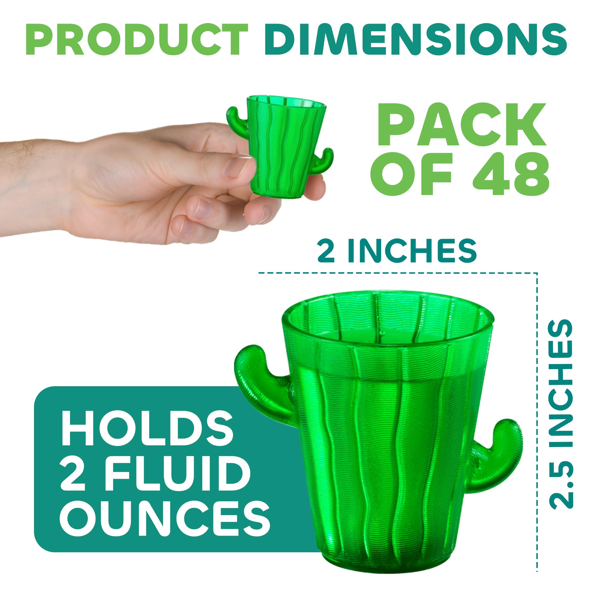 Cactus Plastic Shot Glasses - 2-Oz Shot Glasses Funny Cute Novelty Set for Bachelorette, Western, Cinco de Mayo, Tequila, Fiesta Themed Party Supplies, BPA-Free, Dishwasher-Safe, Green