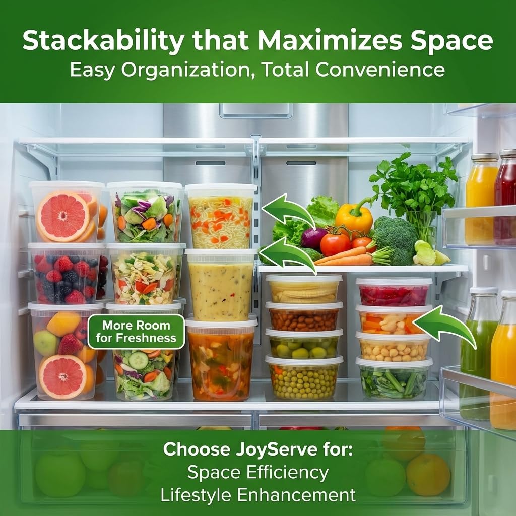 JoyServe Deli Food Containers with Lids - (120 Pack) 15 Sets of Each Size - 8 Oz - Cup / 16 Oz - Pint / 32 Oz - Quart Sizes Food Storage Takeout Meal Prep Storage, BPA-Free, Dishwasher, Microwave Safe