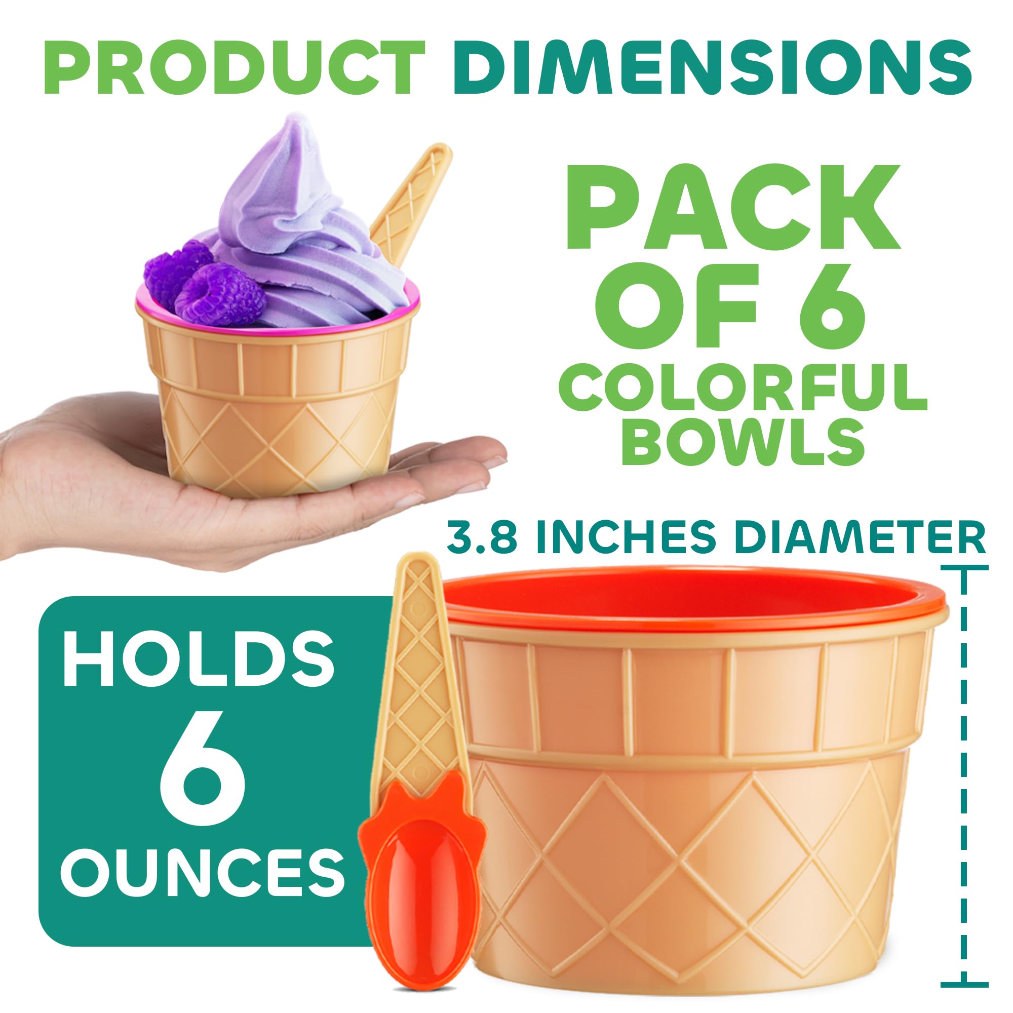 JoyServe Ice Cream Bowls and Spoons Set - (Pack of 6) Reusable Plastic Ice Cream Cups and Waffle Cone Shaped Spoons for Dessert, Frozen Yogurt, Gelato, Birthday Party Decorations