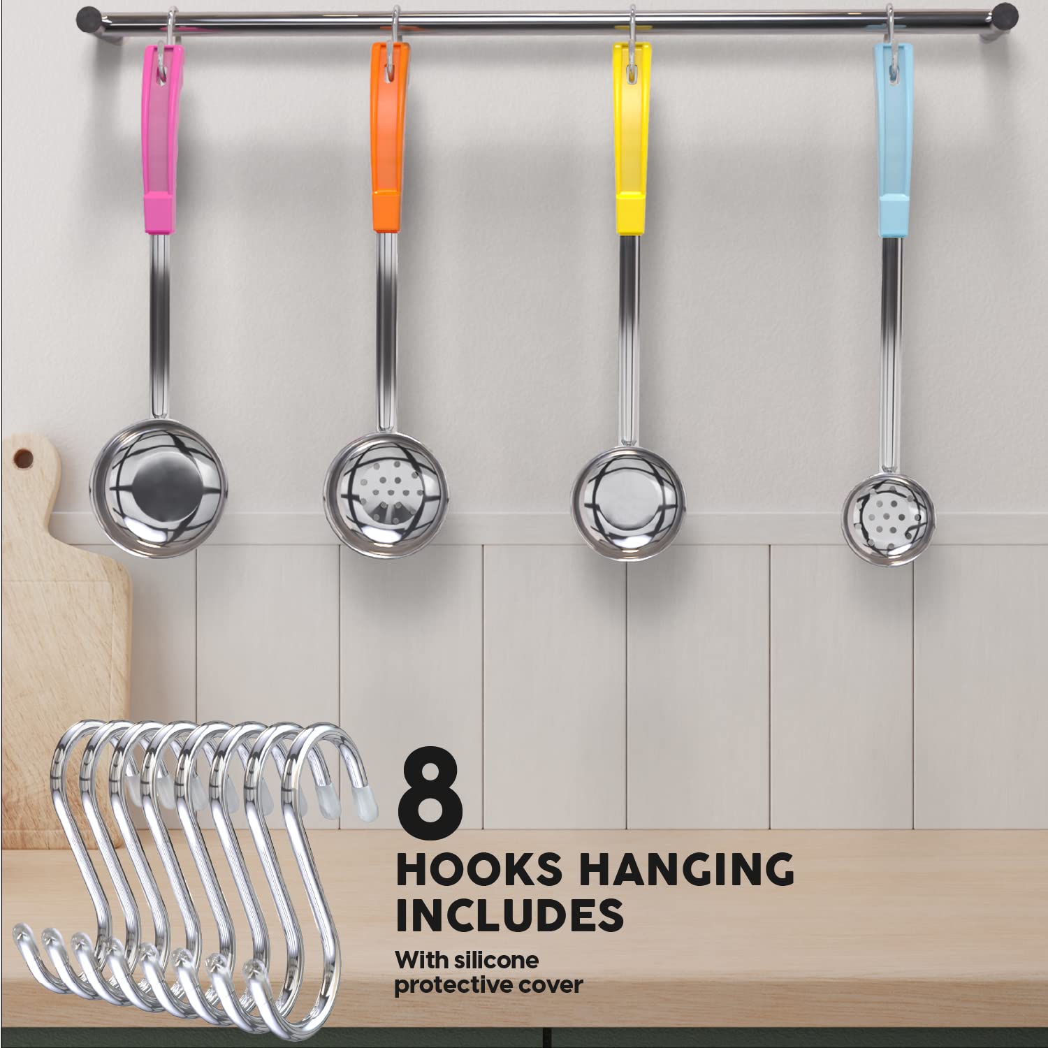 Portion Control Serving Spoons - (8 Piece Set) Restaurant Measuring Serving Ladle Utensils for Weight Loss, Bariatric Gastric Sleeve, Includes 2, 4, 6, 8 oz Solid & Perforated Scoops, 14-1/4" Long