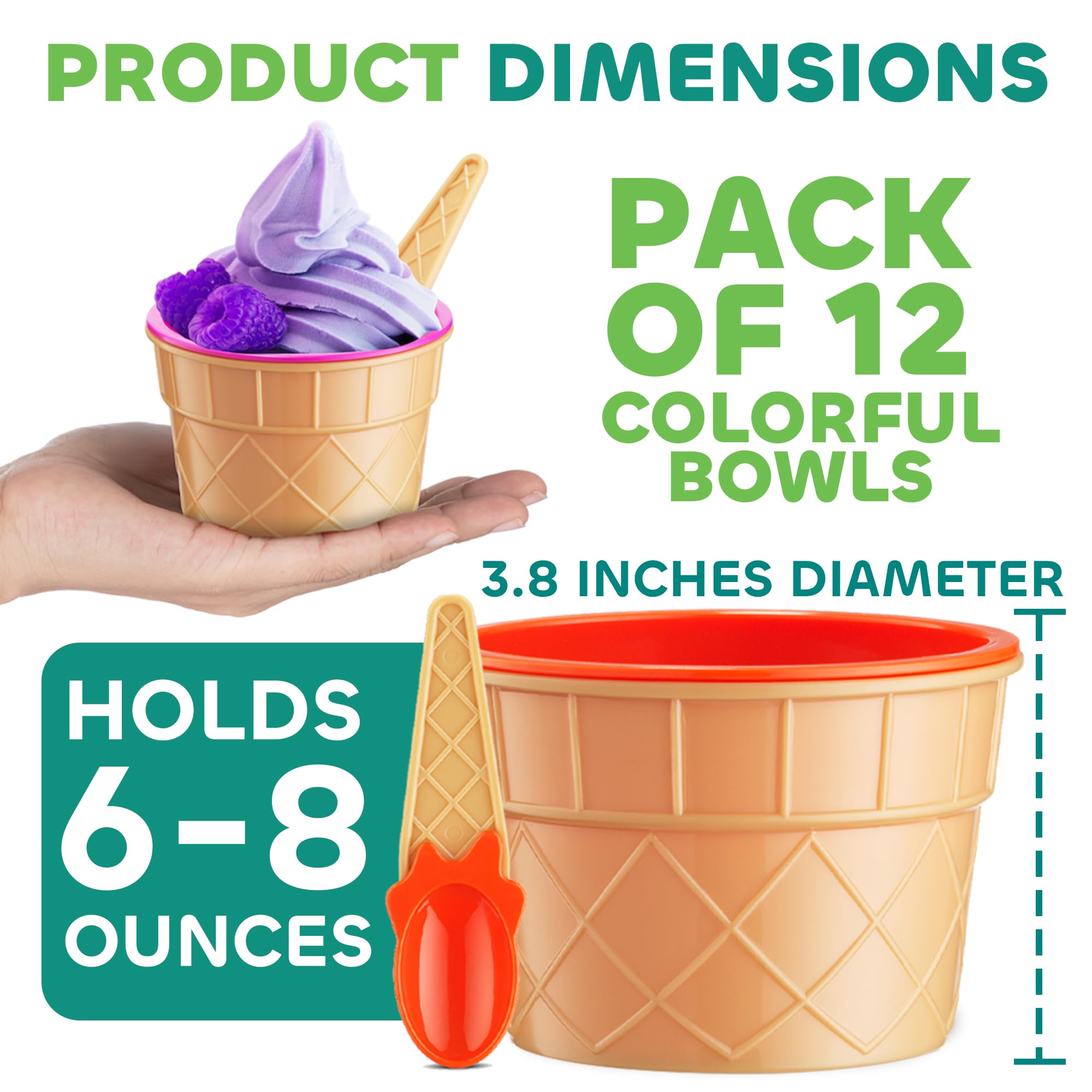 JoyServe Ice Cream Bowls and Spoons Set - (Pack of 12) Reusable Plastic Ice Cream Cups and Waffle Cone Shaped Spoons for Dessert, Frozen Yogurt, Gelato, Birthday Party Decorations