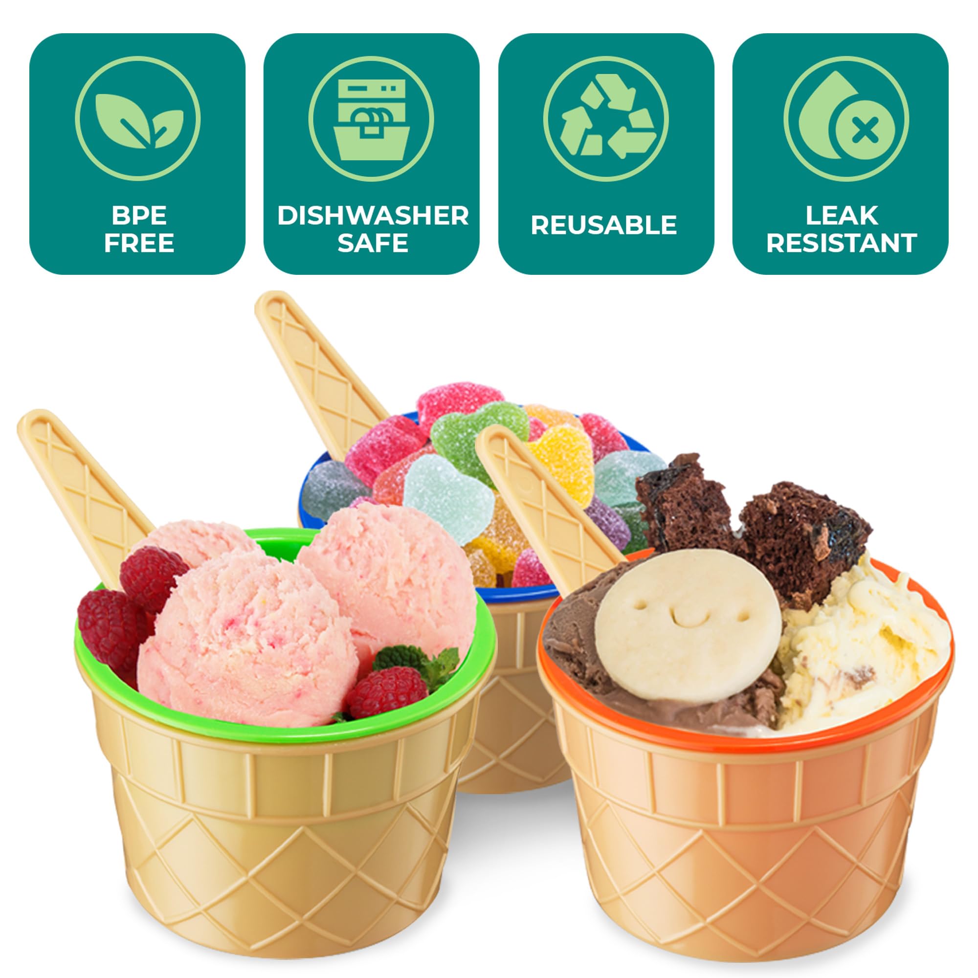 JoyServe Ice Cream Bowls and Spoons Set - (Pack of 6) Reusable Plastic Ice Cream Cups and Waffle Cone Shaped Spoons for Dessert, Frozen Yogurt, Gelato, Birthday Party Decorations