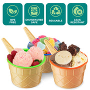 JoyServe Ice Cream Bowls and Spoons Set - (Pack of 12) Reusable Plastic Ice Cream Cups and Waffle Cone Shaped Spoons for Dessert, Frozen Yogurt, Gelato, Birthday Party Decorations