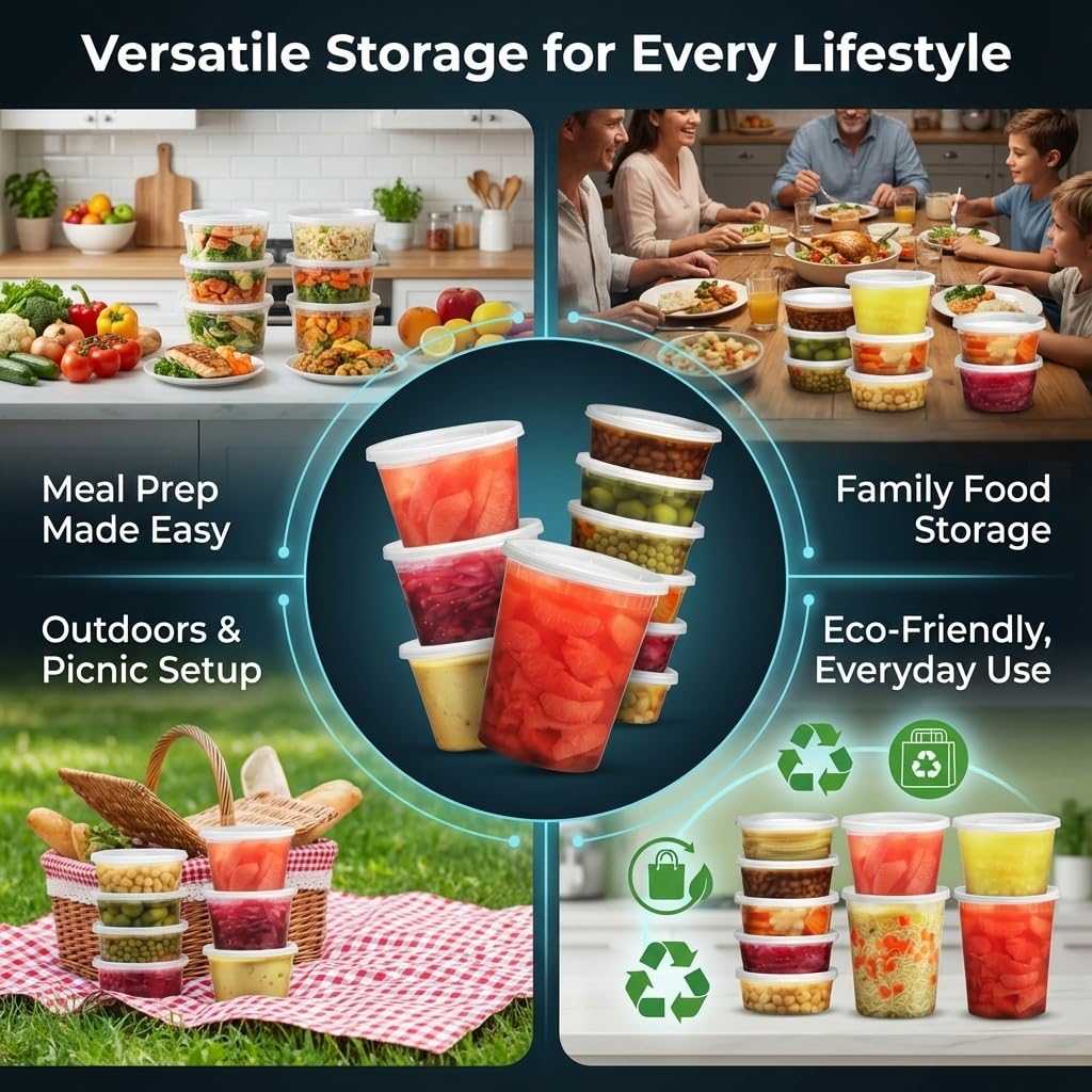 JoyServe Deli Food Containers with Lids - (24 Pack) 8 Sets of Each Size - 8 Oz - Cup / 16 Oz - Pint / 32 Oz - Quart Sizes Food Storage Takeout Meal Prep Storage, BPA-Free, Dishwasher, Microwave Safe