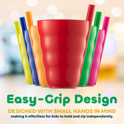 JoyServe Kids Cups - (Set of 6) - 10oz Toddler Cups with Straws for Kids - Stackable BPA-Free Plastic Sip-A-Cup Drink Tumblers for Water, Juice, Milk - Dishwasher Safe, Everyday Use, Neon Colors