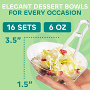 6 oz Clear Plastic Dessert Bowls (16 Pcs) with (8) Scoops and (8) Tongs, Angled Hard Disposable Ice Cream Bar Cups and Candy Buffet Containers Set for Serving Food, Appetizers, Buffets, Party Supplies