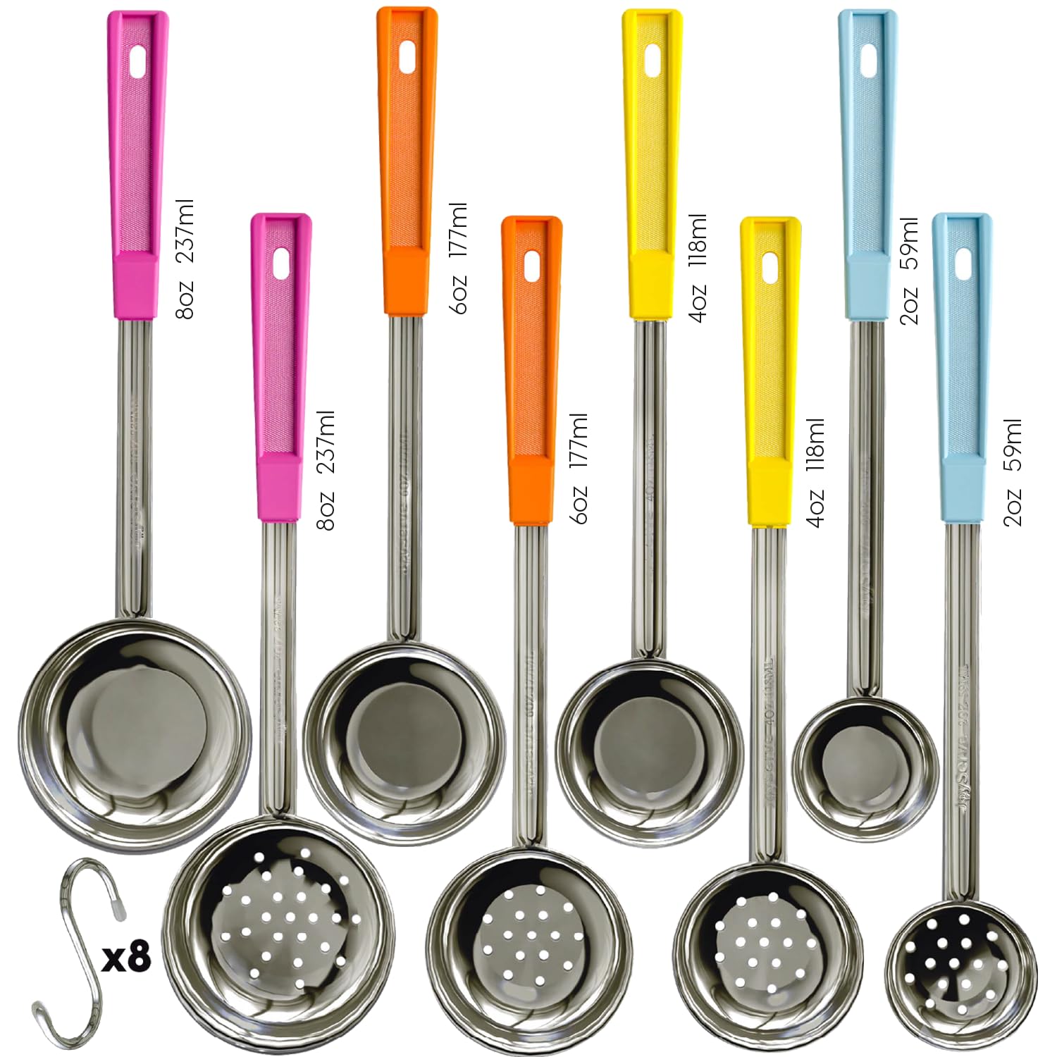 Portion Control Serving Spoons - (8 Piece Set) Restaurant Measuring Serving Ladle Utensils for Weight Loss, Bariatric Gastric Sleeve, Includes 2, 4, 6, 8 oz Solid & Perforated Scoops, 14-1/4" Long