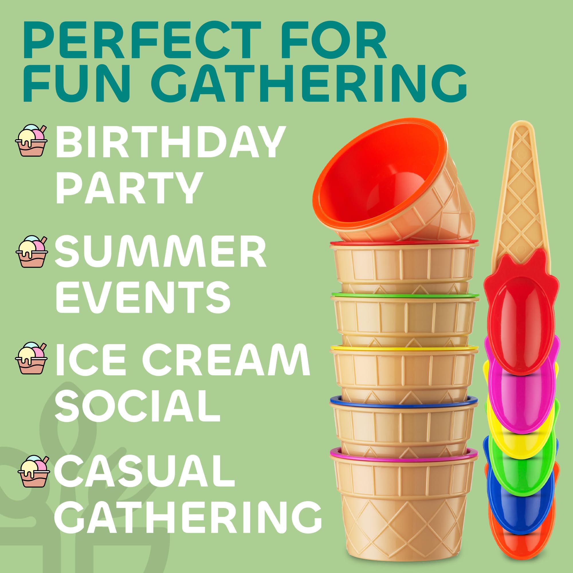 JoyServe Ice Cream Bowls and Spoons Set - (Pack of 12) Reusable Plastic Ice Cream Cups and Waffle Cone Shaped Spoons for Dessert, Frozen Yogurt, Gelato, Birthday Party Decorations