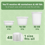 48 Sets Plastic Food Storage Deli Containers w/ Lids 8oz, 16oz & 32oz Quart