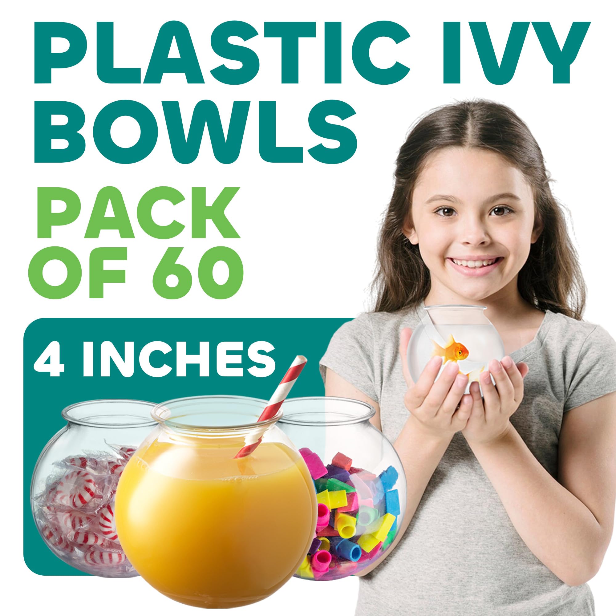 JoyServe 16 Oz Plastic Fish Bowl (60 Pack) 4 Inch Heavy Duty Plastic Ivy Bowls, for Candy, Carnival Games, Prizes, Centerpieces and Party Decoration Supplies, BPA-Free