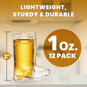 Cowboy Boot Shot Glasses - (Dozen Pack of 12) Mini Reusable and Disposable Clear Plastic Shot Glass Cups for Themed Birthday Parties Decorations and Cowboy Bachelorette Party Favors, Holds 1-Oz