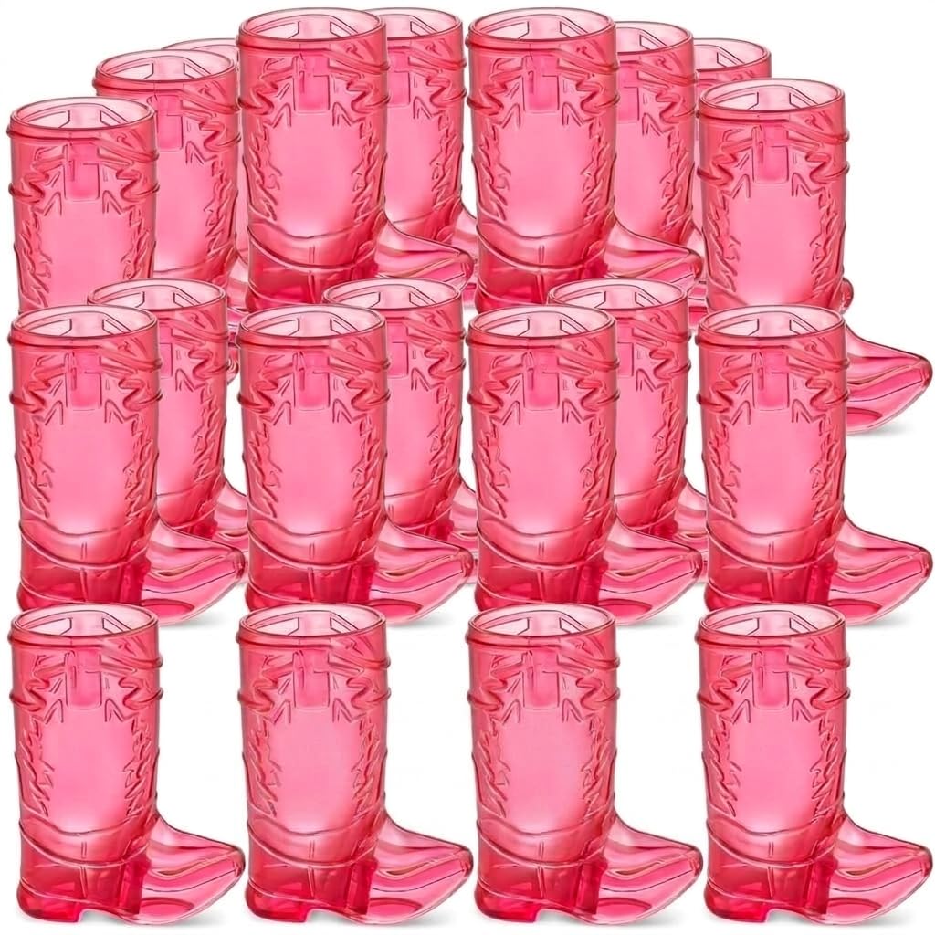 JoyServe 24 Mini Boot Shot Glasses, 1 oz Reusable and Disposable Pink Plastic Shot Cups, for Cowboy Cowgirl Themed Parties, Decorations, Bachelorette Party Favors, Pink