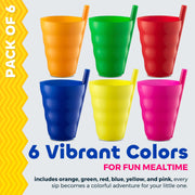 JoyServe Kids Cups - (Set of 6) - 10oz Toddler Cups with Straws for Kids - Stackable BPA-Free Plastic Sip-A-Cup Drink Tumblers for Water, Juice, Milk - Dishwasher Safe, Everyday Use, Neon Colors
