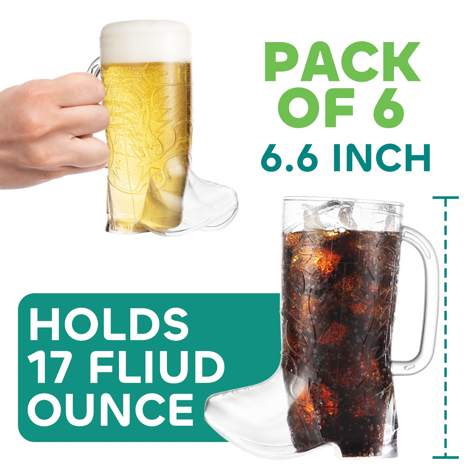 JoyServe Cowboy Boot Cups - (Pack of 6) 17oz Cowboy and Cowgirl Drink Mugs, Reusable BPA-Free Plastic Mug with Handle for Western Themed Rodeo Birthday Party Decorations and Supplies