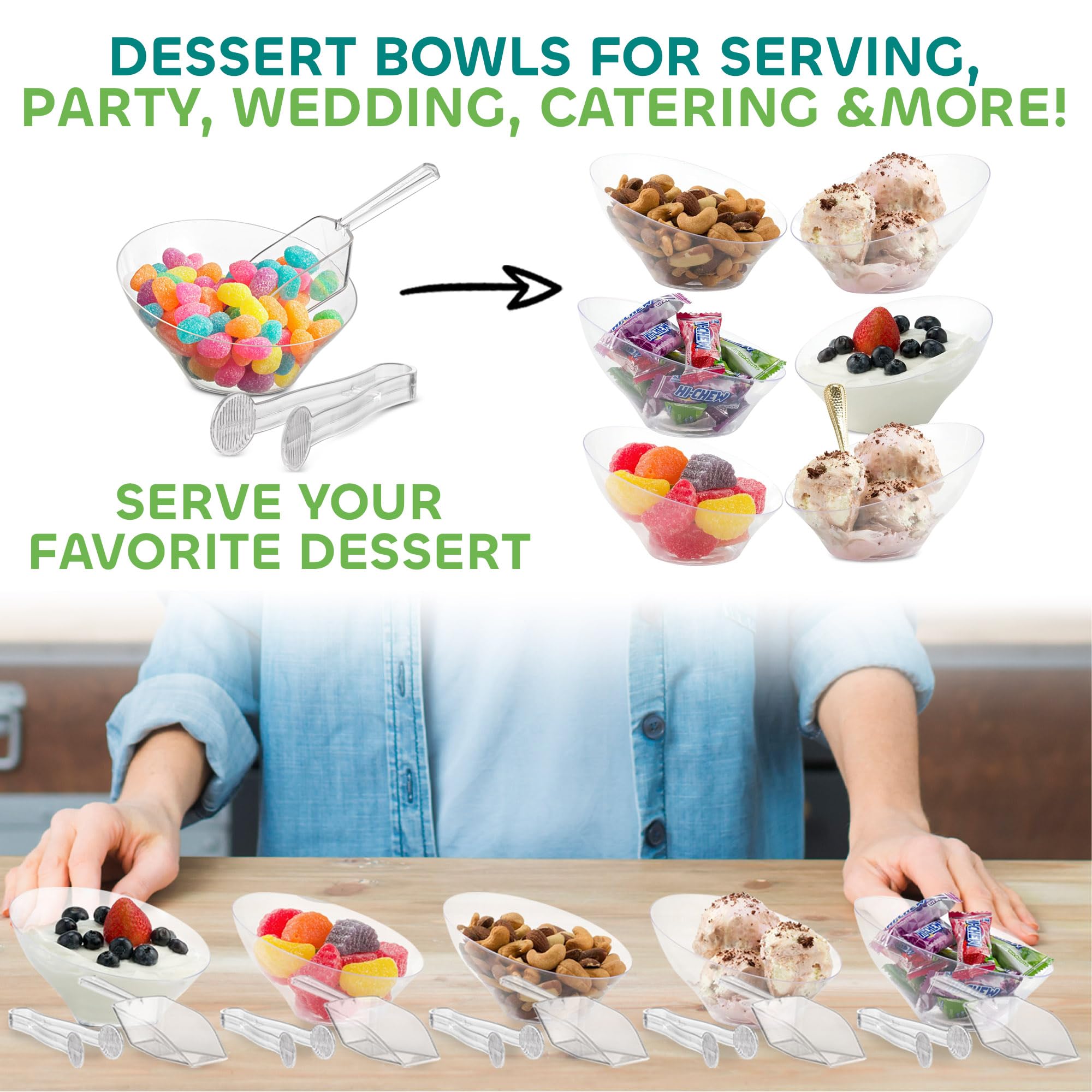 6 oz Clear Plastic Dessert Bowls (16 Pcs) with (8) Scoops and (8) Tongs, Angled Hard Disposable Ice Cream Bar Cups and Candy Buffet Containers Set for Serving Food, Appetizers, Buffets, Party Supplies