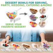 6 oz Clear Plastic Dessert Bowls (16 Pcs) with (8) Scoops and (8) Tongs, Angled Hard Disposable Ice Cream Bar Cups and Candy Buffet Containers Set for Serving Food, Appetizers, Buffets, Party Supplies