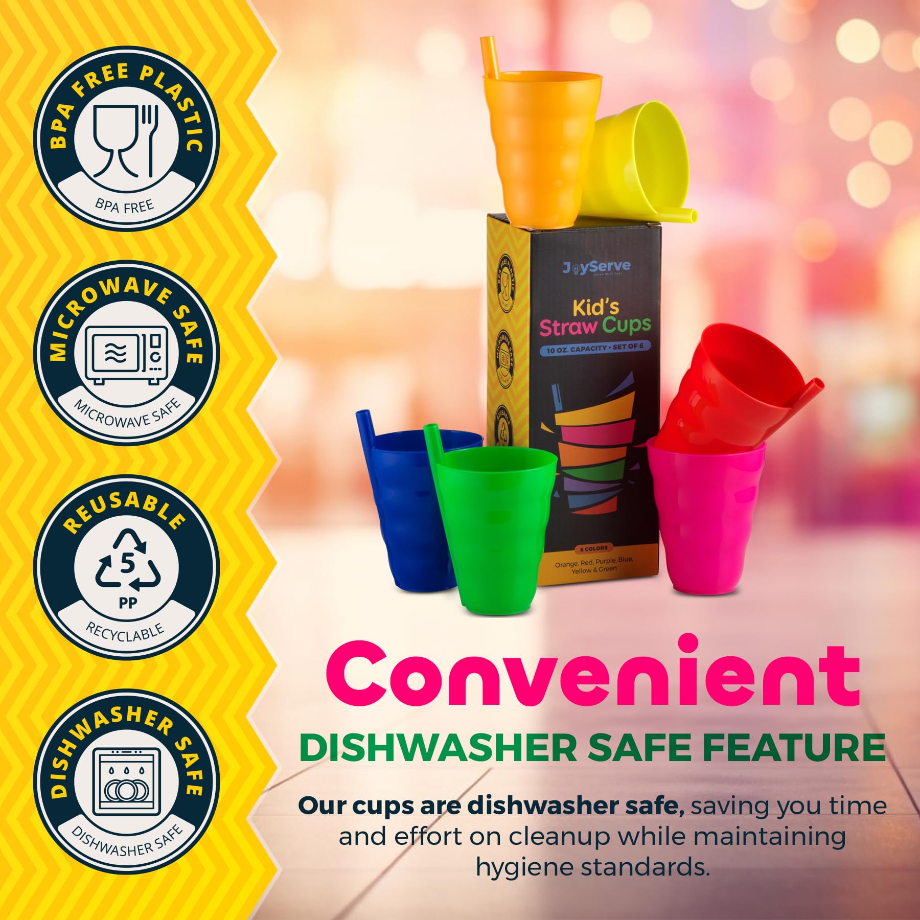 Kids Straw Cups for Kids - 10oz Tumbler w/Built-In Straws for Everyday Use, Stackable BPA-Free Plastic Sip-A-Cup Drink Tumblers for Water, Juice, Milk, Dishwasher Safe, Neon Colors