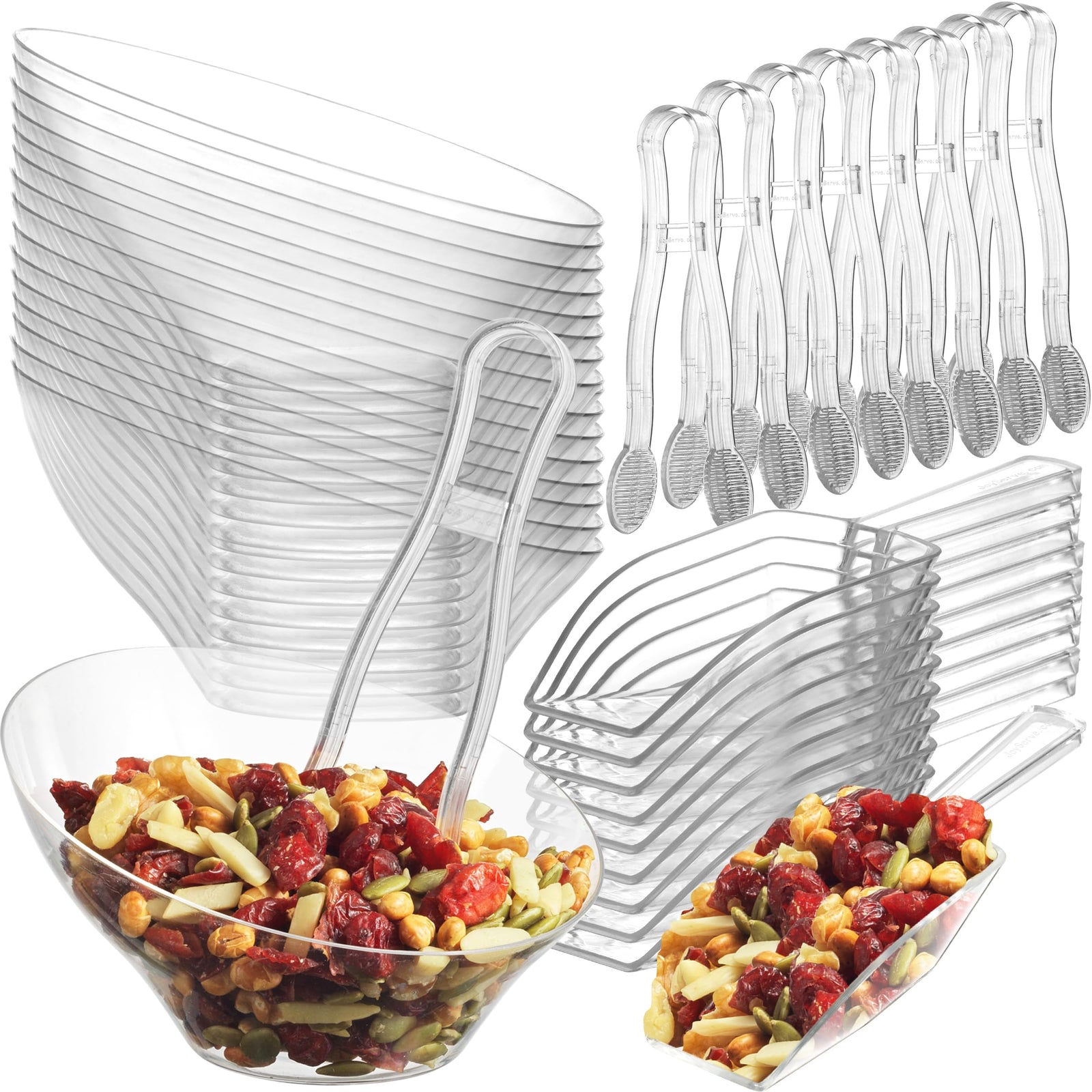 6 oz Clear Plastic Dessert Bowls (16 Pcs) with (8) Scoops and (8) Tongs, Angled Hard Disposable Ice Cream Bar Cups and Candy Buffet Containers Set for Serving Food, Appetizers, Buffets, Party Supplies
