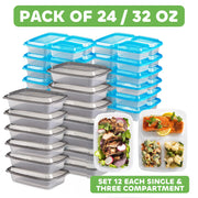Food Storage Containers With Lids - (24 Pack-32 Oz) 12- 3 Compartment Meal Prep Containers Reusable Or Disposable & 12- Single Food Storage Bento Boxes, Bpa Free, Microwave, Freezer, Dishwasher Safe