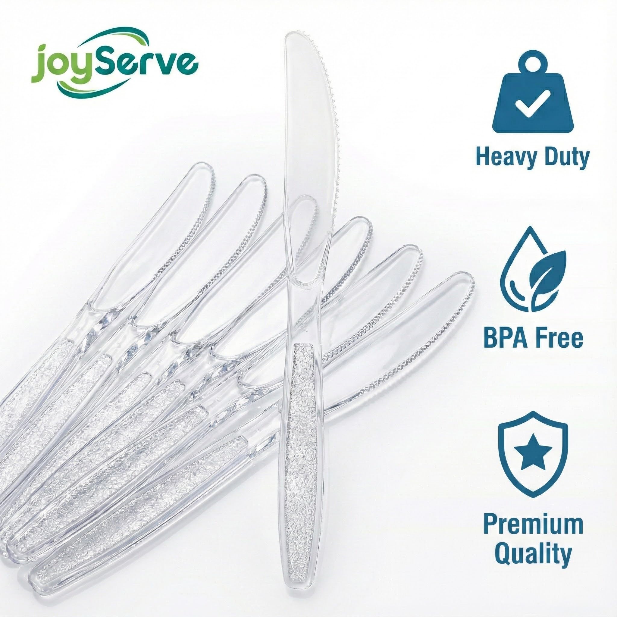 JoyServe Clear Plastic Knives Heavy Duty, Heat Resistant Party Utensils BPA-Free Heavy Duty Plastic Knives Disposable Silverware Cutlery, Catering Dinner Party Supplies - Bulk Knife Pack 1080