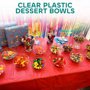 6 oz Clear Plastic Dessert Bowls (16 Pcs) with (8) Scoops and (8) Tongs, Angled Hard Disposable Ice Cream Bar Cups and Candy Buffet Containers Set for Serving Food, Appetizers, Buffets, Party Supplies