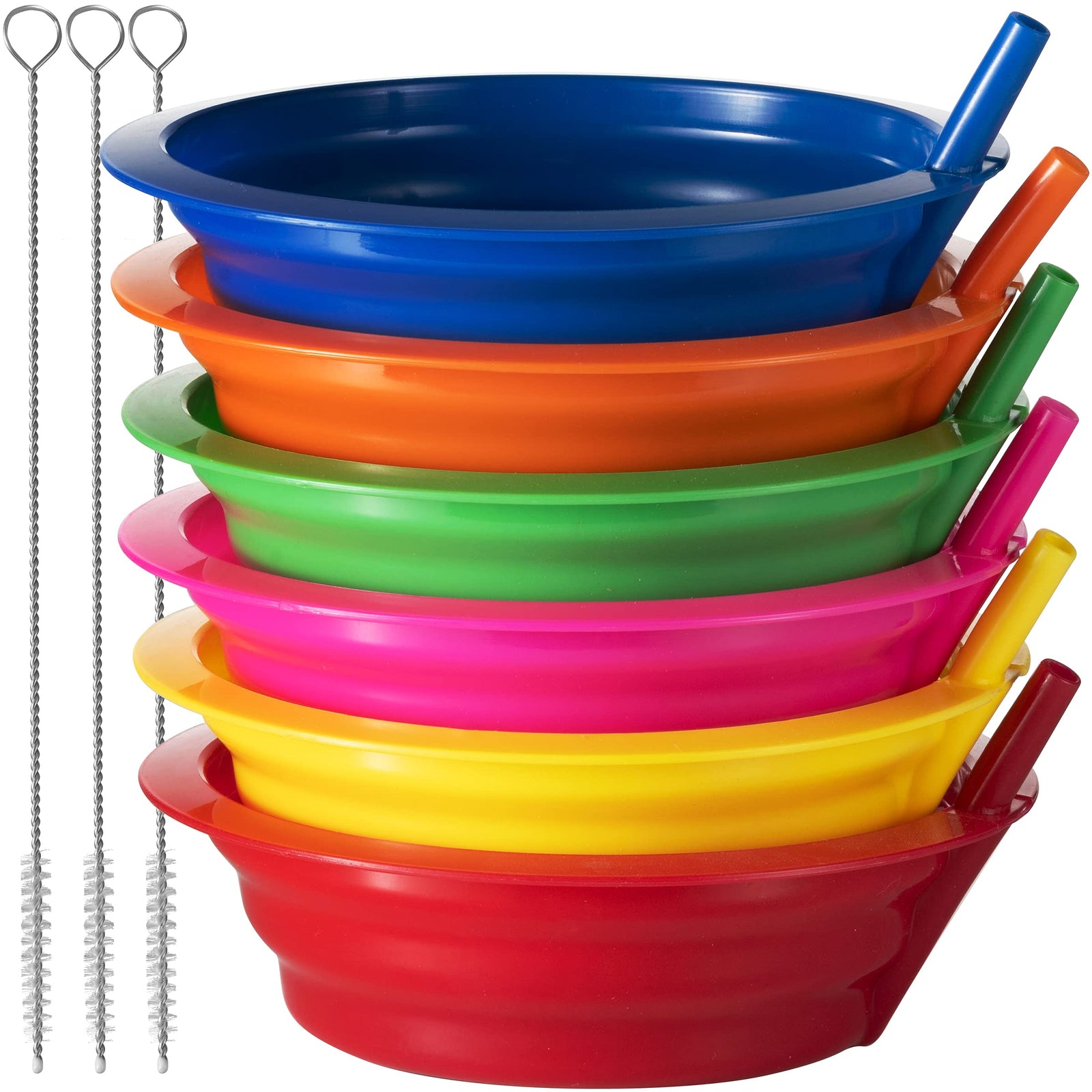 JoyServe Cereal Bowls with Straws for Kids (Set of 18-20-Ounce) BPA-Free Plastic Reusable Bowls with Built-In Straws for Children - Dishwasher and Microwave Safe, Includes 3 Cleaning Brushes