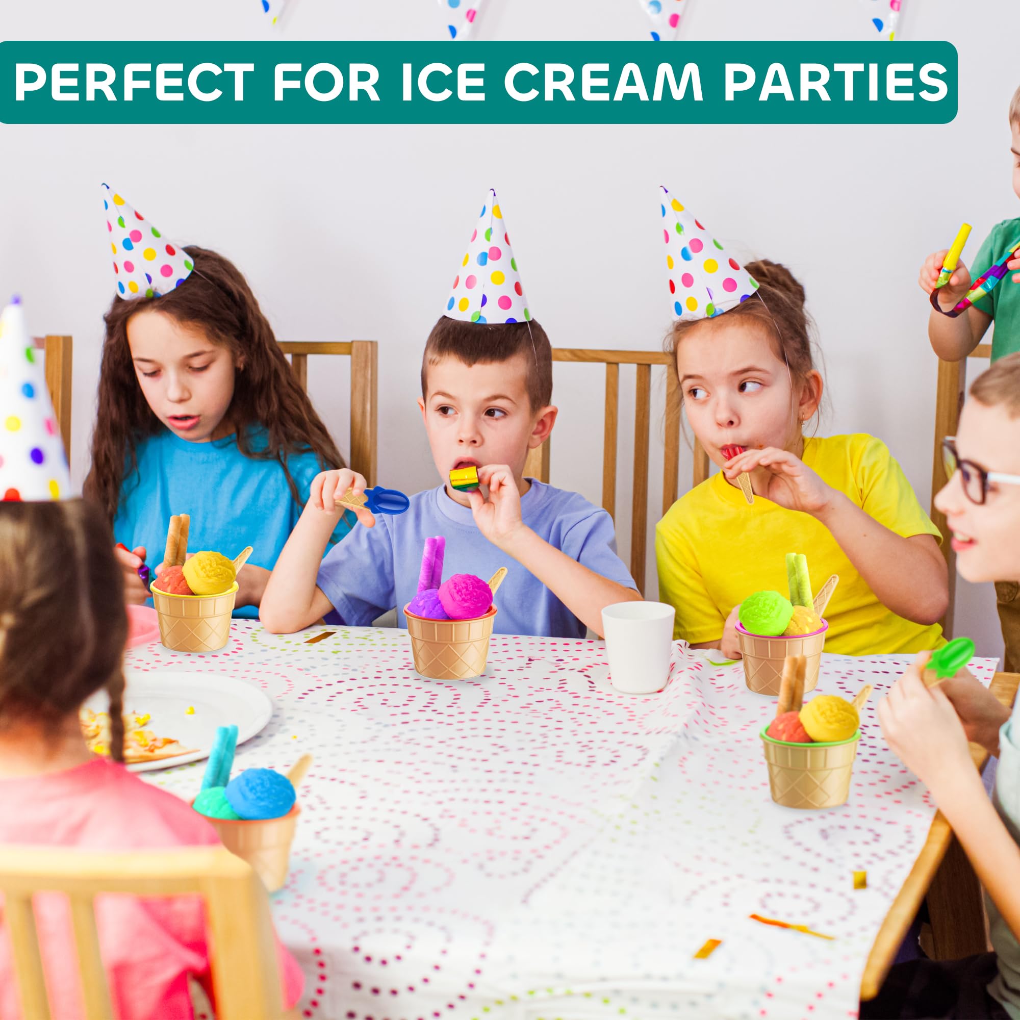 JoyServe Ice Cream Bowls and Spoons Set - (Pack of 12) Reusable Plastic Ice Cream Cups and Waffle Cone Shaped Spoons for Dessert, Frozen Yogurt, Gelato, Birthday Party Decorations